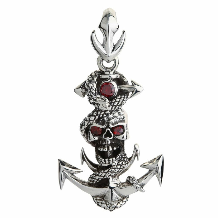 Sterling silver snake anchor skull pendant with red CZ eyes front view on white background