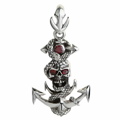 Sterling silver snake anchor skull pendant with red CZ eyes front view on white background
