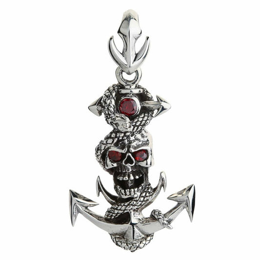 Sterling silver snake anchor skull pendant with red CZ eyes front view on white background