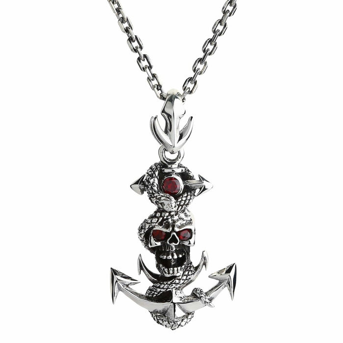 Snake rope anchor skull pendant with red cubic zirconia eyes hanging on sterling silver chain