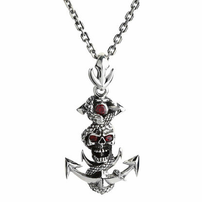 Snake rope anchor skull pendant with red cubic zirconia eyes hanging on sterling silver chain