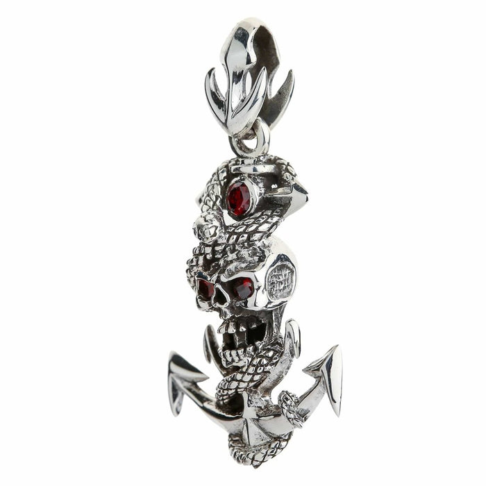 Three quarter left angle view of sterling silver skull anchor pendant showing snake scale detail