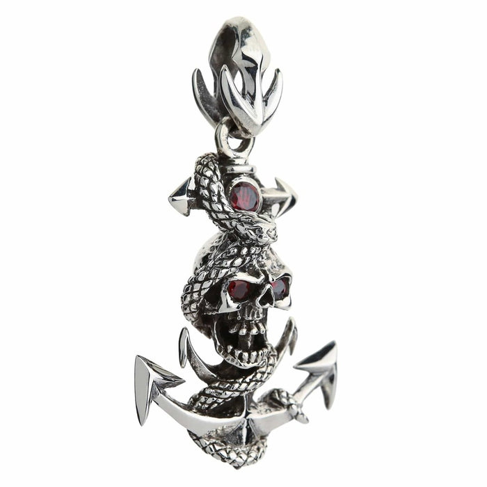 Three quarter right angle view of gothic anchor skull pendant with coiled snake design