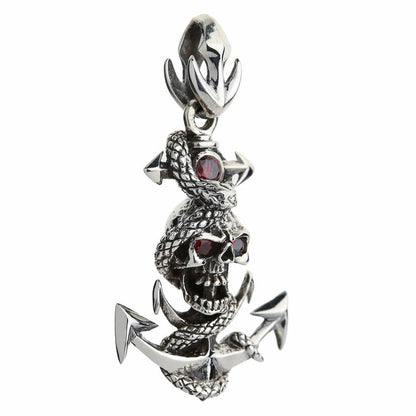 Three quarter right angle view of gothic anchor skull pendant with coiled snake design