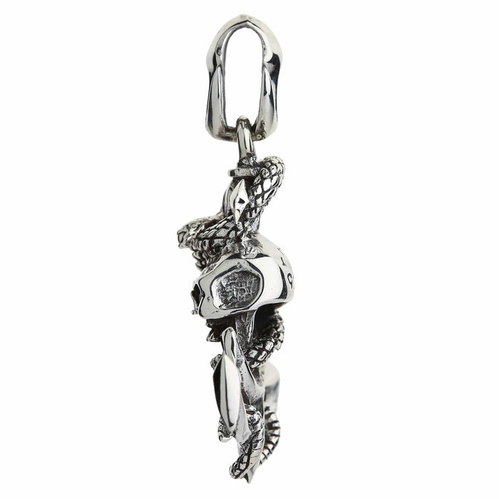 Left side profile of sterling silver anchor pendant showing 3D snake wrapping around skull