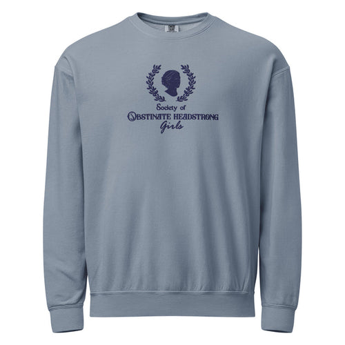 Society of Obstinate Headstrong Girls Embroidered Fleece Sweatshirt - The Bean Workshop - Bold Typography, Bookish Loungewear, Dark Academia, Embroidered Literary Crewneck for Her, Embroidery, Jane Austen, Janeite Community, Laurel Wreath, Navy Obstinate Headstrong Girls Sweatshirt, Pride and Prejudice, Sweatshirt, Vintage Aesthetic, Winter Reading Wardrobe