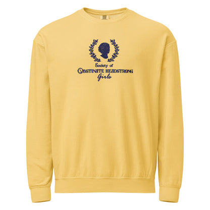 Society of Obstinate Headstrong Girls Embroidered Fleece Sweatshirt - The Bean Workshop - Bold Typography, Bookish Loungewear, Dark Academia, Embroidered Literary Crewneck for Her, Embroidery, Jane Austen, Janeite Community, Laurel Wreath, Navy Obstinate Headstrong Girls Sweatshirt, Pride and Prejudice, Sweatshirt, Vintage Aesthetic, Winter Reading Wardrobe