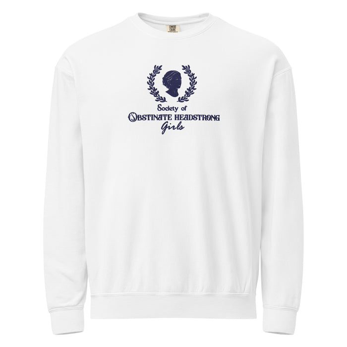 Society of Obstinate Headstrong Girls Embroidered Fleece Sweatshirt - The Bean Workshop - Bold Typography, Bookish Loungewear, Dark Academia, Embroidered Literary Crewneck for Her, Embroidery, Jane Austen, Janeite Community, Laurel Wreath, Navy Obstinate Headstrong Girls Sweatshirt, Pride and Prejudice, Sweatshirt, Vintage Aesthetic, Winter Reading Wardrobe