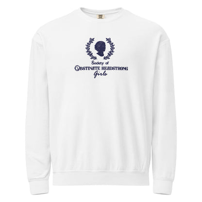 Society of Obstinate Headstrong Girls Embroidered Fleece Sweatshirt - The Bean Workshop - Bold Typography, Bookish Loungewear, Dark Academia, Embroidered Literary Crewneck for Her, Embroidery, Jane Austen, Janeite Community, Laurel Wreath, Navy Obstinate Headstrong Girls Sweatshirt, Pride and Prejudice, Sweatshirt, Vintage Aesthetic, Winter Reading Wardrobe
