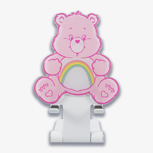 Front view of Sonix x Care Bears Cheer Bear phone stand showing pink bear face and rainbow belly on a white foldable stand