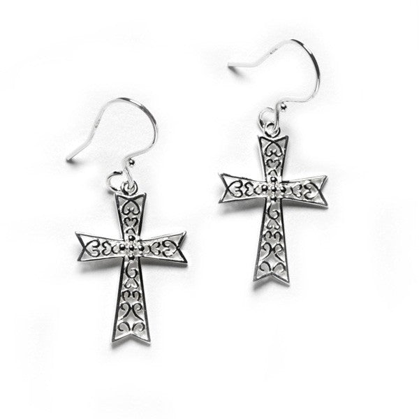 Southern Gates® Abbey Gate Cross Earrings Inspiration Series 23x18mm 925 sterling silver Designed and distributed in Charleston, SC   Beautiful scroll designs reminiscent of the ironwork found in historic churches, chapels, and cathedrals have inspired this intricate filigree jewelry.