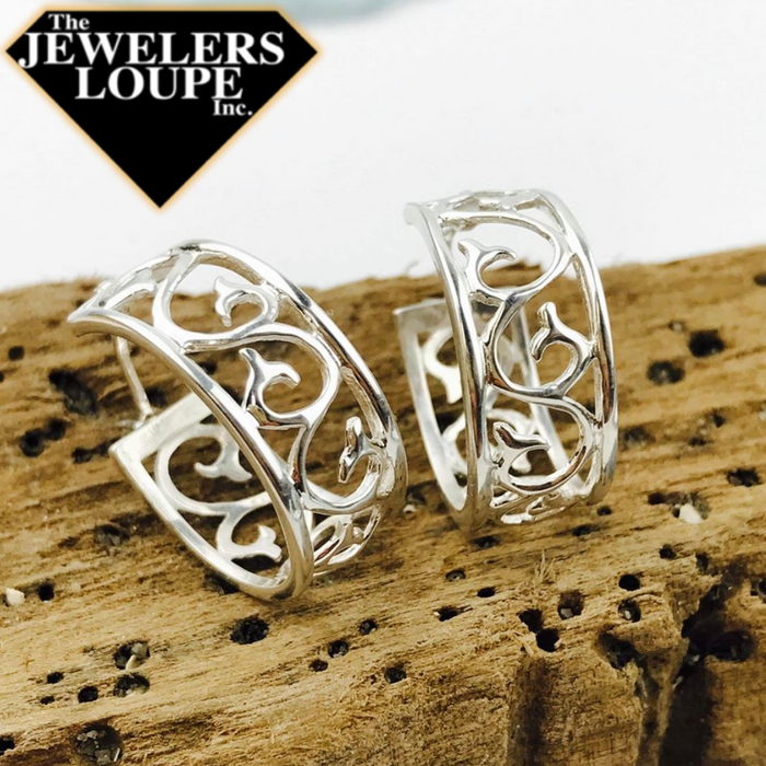 Southern Gates Scroll Hoop Earrings Classic Series 20mm diameter, 9mm wide 925 Sterling Silver Designed in Charleston, SC  An original design from the Southern Gates® Collection inspired by traditional filigree patterns found in historic wrought iron gates throughout the South.