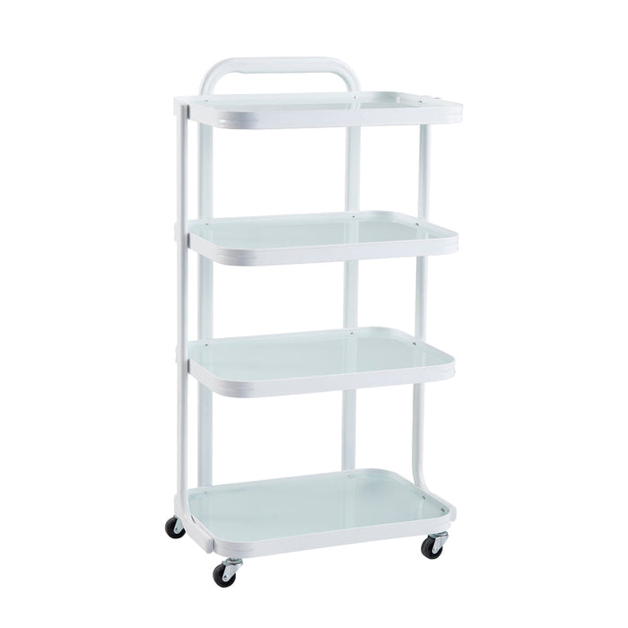 DIR Beauty Cart White: four-tier, wheeled salon/spa storage cart with handle.