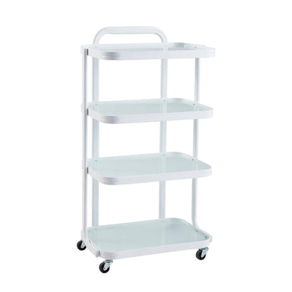 DIR Beauty Cart White: four-tier, wheeled salon/spa storage cart with handle.
