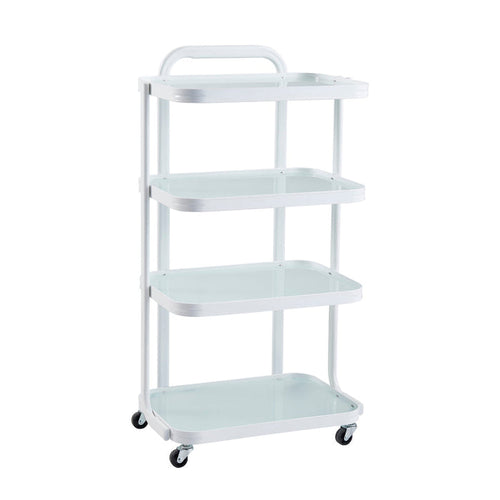 DIR Beauty Cart White: four-tier, wheeled salon/spa storage cart with handle.