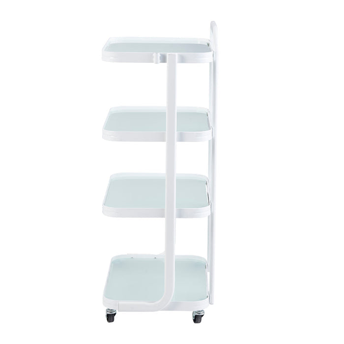 White rolling cart with four shelves on a white background