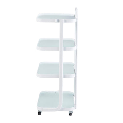 White rolling cart with four shelves on a white background