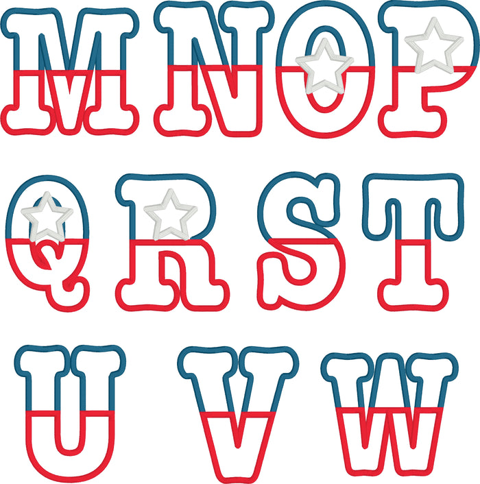 Split Alphabet 4th of July Applique Embroidery Design by snugglepuppyapplique.com
