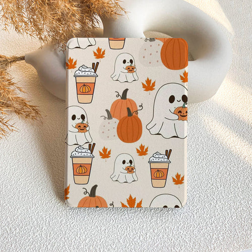Phone case with Halloween-themed design featuring ghosts, pumpkins, and drinks on a neutral background.