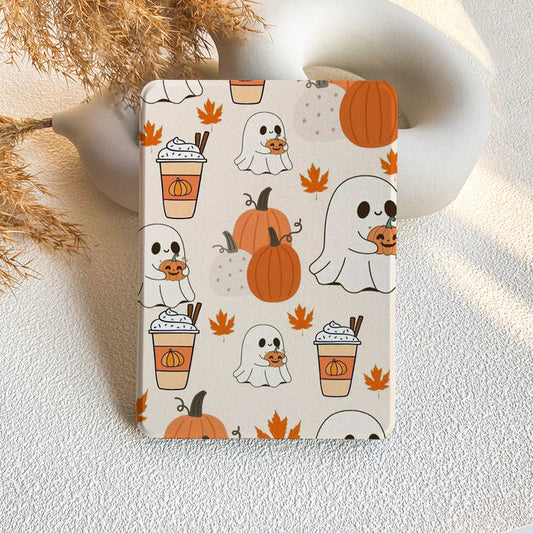 Phone case with Halloween-themed design featuring ghosts, pumpkins, and drinks on a neutral background.