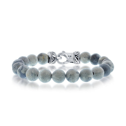 Stainless Steel 10mm Gray Jasper Bead Bracelet, 8.5"