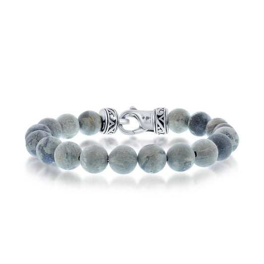 Stainless Steel 10mm Gray Jasper Bead Bracelet, 8.5"