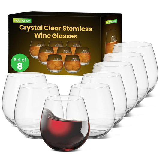 Stemless Wine Glasses Set of 8, Shatter-Resistant Crystal, 15 Oz