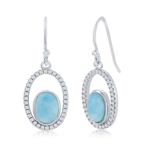 Sterling Silver Bezel Set Blue Larimar Open Oval Earrings with Cubic Zirconia Halo on Fish Hooks.