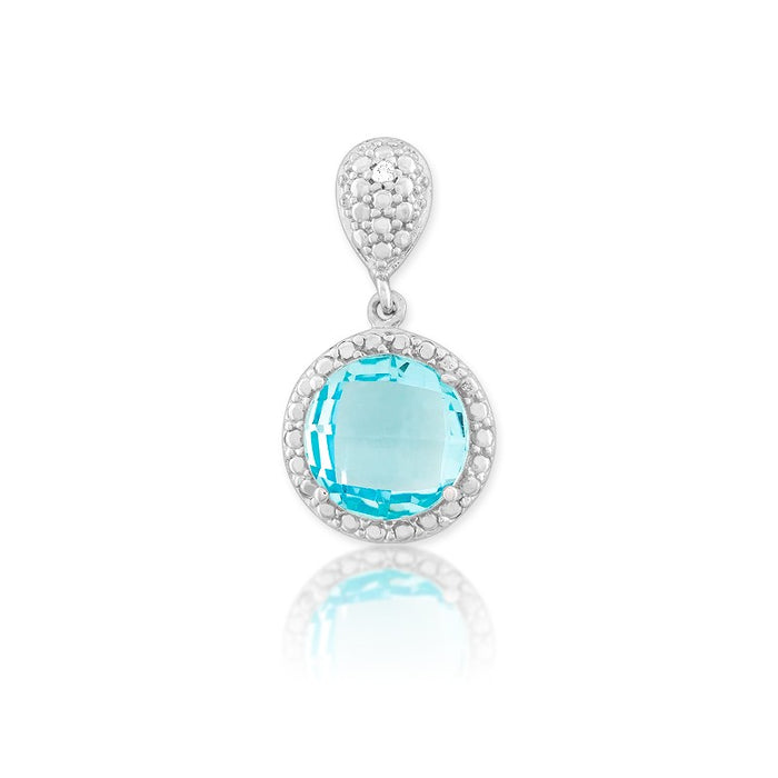 Sterling Silver 9mm Round Blue Topaz with Diamond Accents on 18" Sterling Silver Chain.