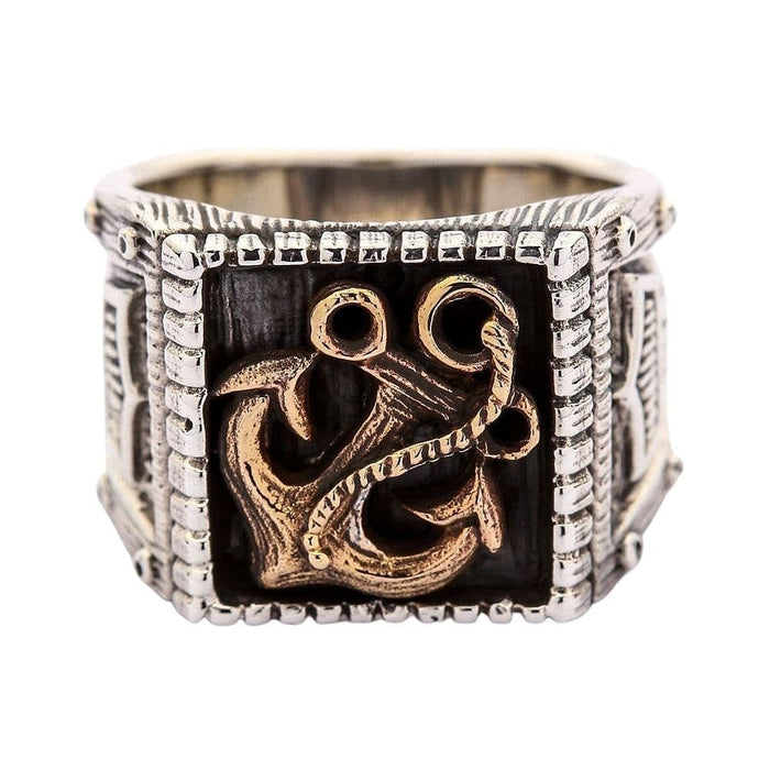 A men's solid sterling silver anchor ring in a rugged Viking style with a detailed, wood-plank textured band.