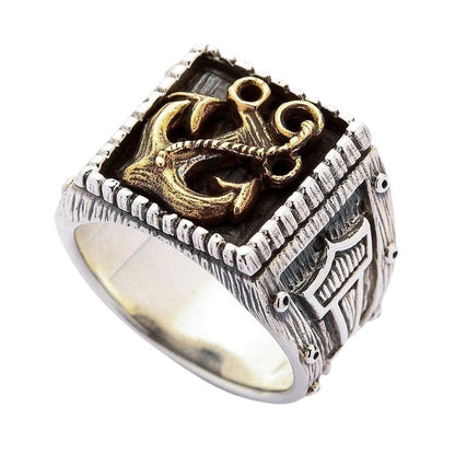 A unique two-tone biker ring with a classic nautical anchor theme and powerful Viking details.