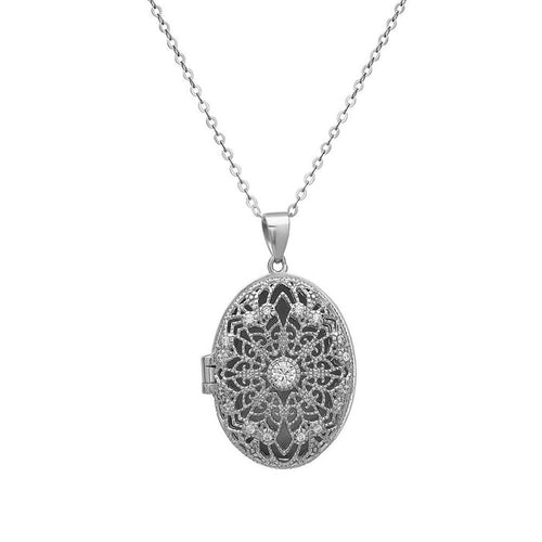 Sterling Silver Filigree Design with CZ Accents Oval Locket with 18" Sterling Silver Chain.