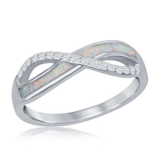 Sterling Silver CZ and Created White Opal Inlay with Infinity Design Ring, Size 7
