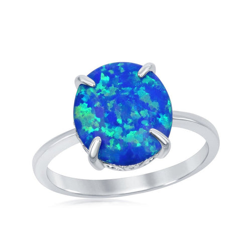 Sterling Silver Four-Prong Oval Blue Inlay Created Opal Ring, Size 7.