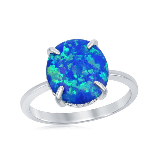 Sterling Silver Four-Prong Oval Blue Inlay Created Opal Ring, Size 7.