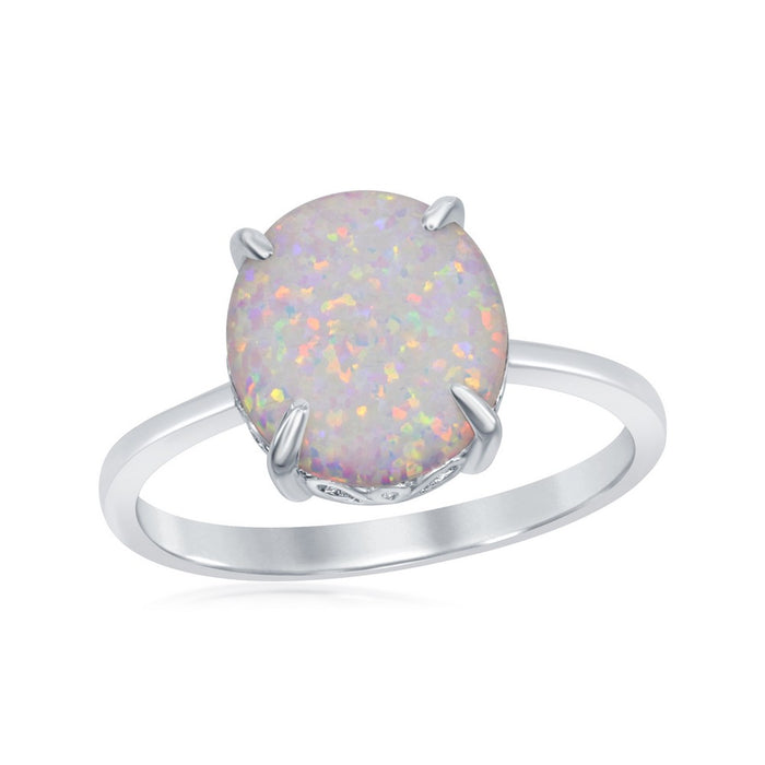 Sterling Silver Four-Prong Oval White Inlay Created Opal Ring