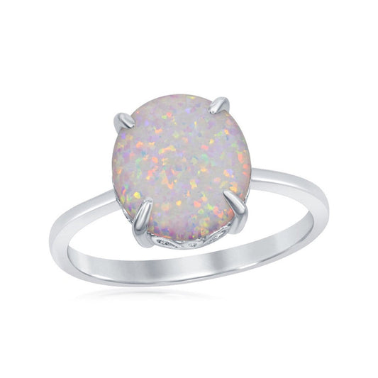 Sterling Silver Four-Prong Oval White Inlay Created Opal Ring