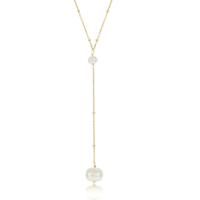 Sterling Silver Gold Plated Hanging Freshwater Pearl Lariat 'Y' Necklace on 16+2" Sterling Silver Chain.