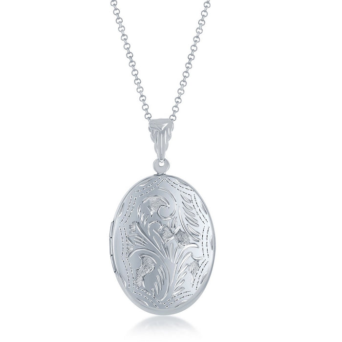 Sterling Silver Large Designed Oval Locket with 18" Sterling Silver Chain.