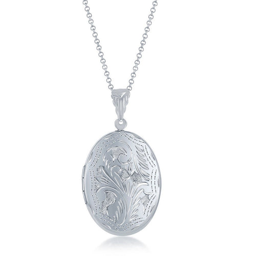 Sterling Silver Large Designed Oval Locket with 18" Sterling Silver Chain.