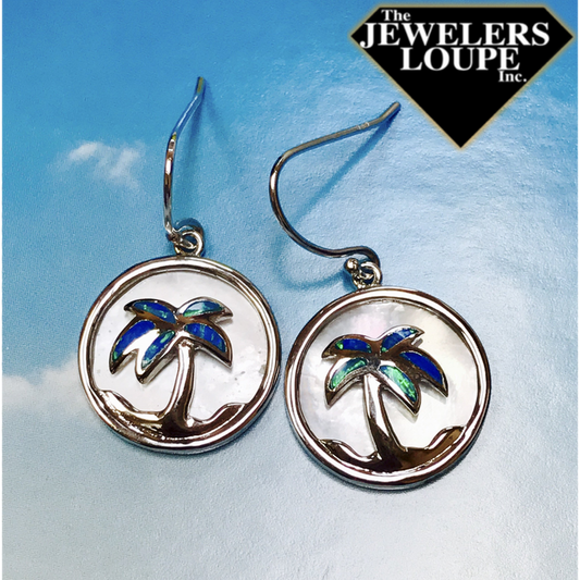 Round Mother of Pearl and Created Blue Opal Inlay Palm Tree Earrings.