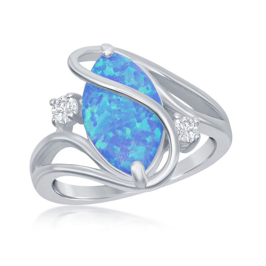 Sterling Silver Oval Created Blue Opal and CZ Ring with Twist Design, Size 7.