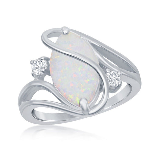 Sterling Silver Oval Created White Opal and CZ Ring with Twist Design , Size 7