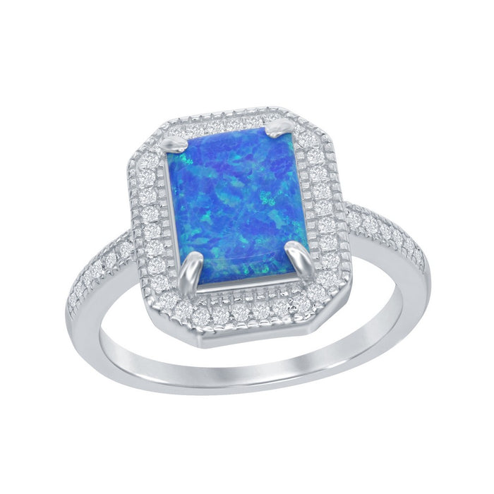 Sterling Silver Rectangle Blue Inlay Created Opal with CZ Halo Ring, Size 7