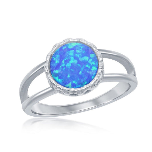 Sterling Silver Round Created Blue Opal Ring with Split Shank, Size 7.