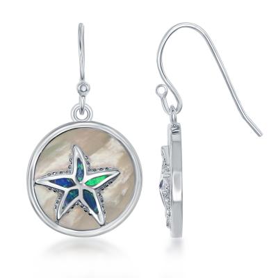 Sterling Silver Round Mother of Pearl Created Blue Opal Inlay Starfish Earrings.