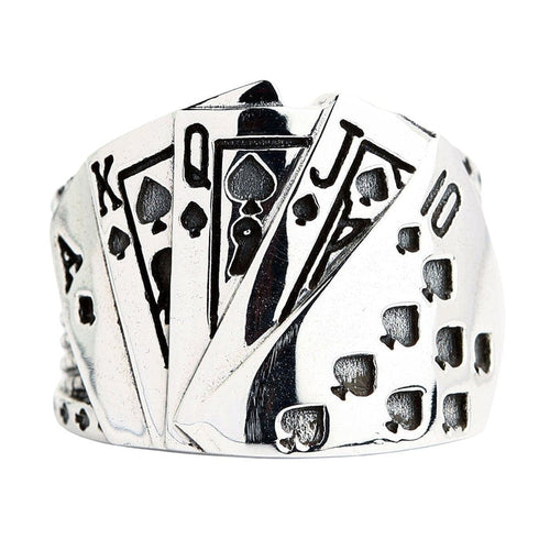 A front view of the sterling silver Royal Flush of Spades ring, showing the fanned-out poker hand.