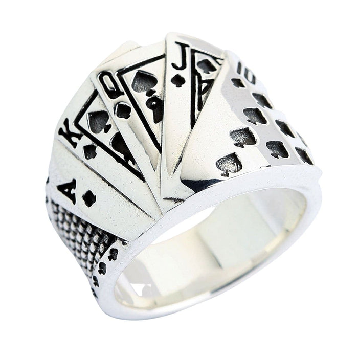 An angled view of the men's heavy silver poker ring.