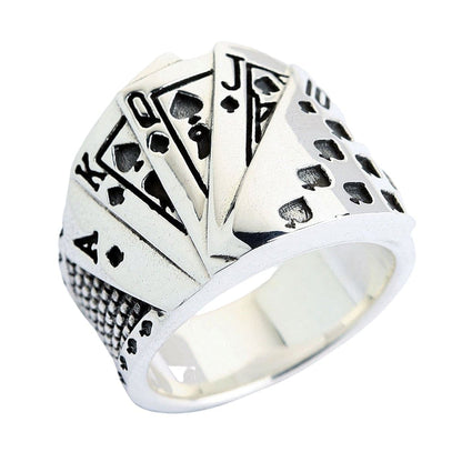 An angled view of the men's heavy silver poker ring.