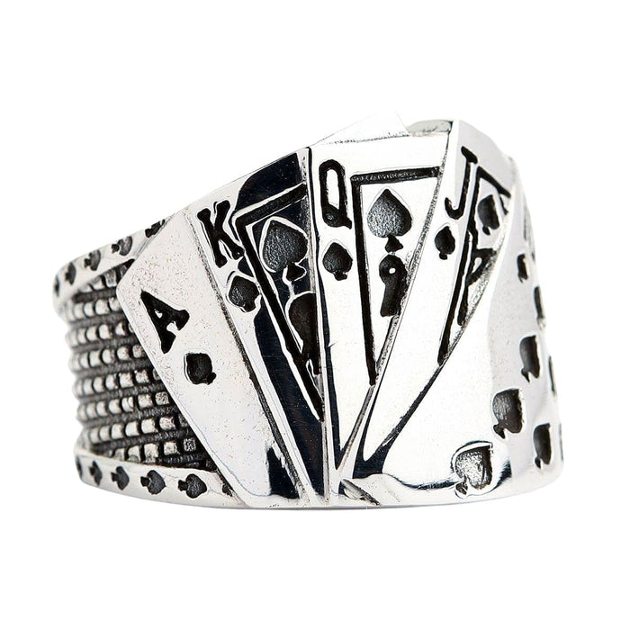 A side profile of the poker hand ring, highlighting the unique biker tire tread pattern on the band.